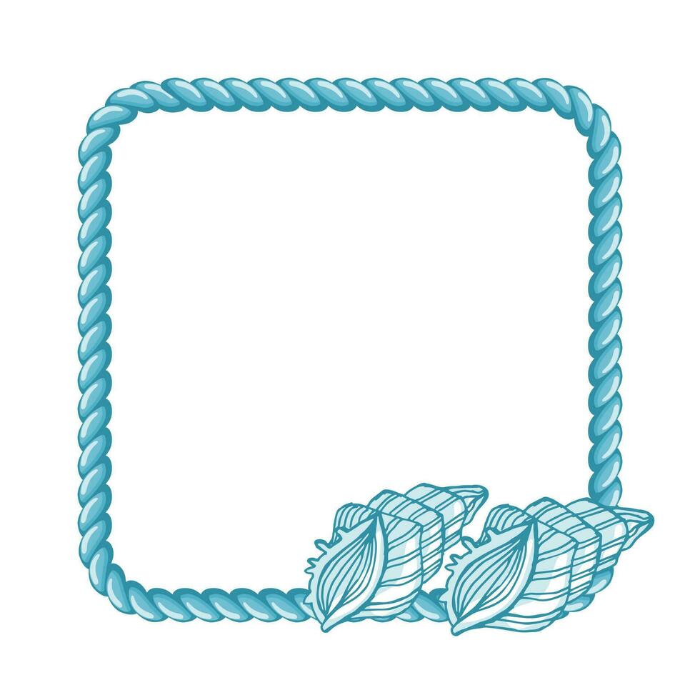 Blue sailor rope with hand drawn seashells isolated on white background. Marine background, frame vector