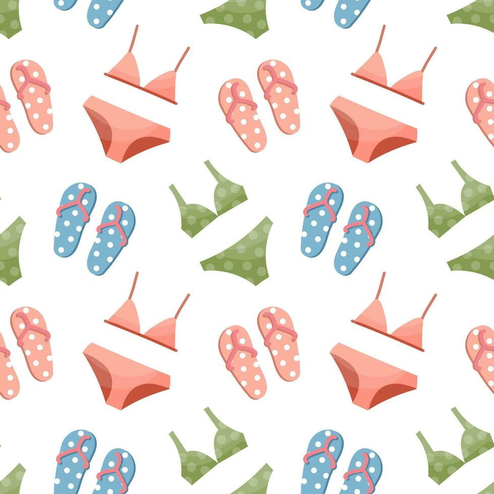 Seamless pattern, drawn women's bikini swimwear and flip-flops on a white background. Travel background, print, vector
