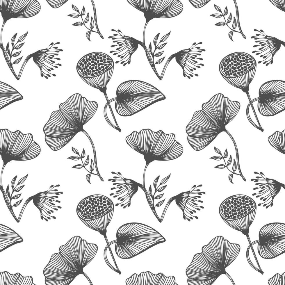 Seamless pattern, hand drawn outline poppies on a white background. Line art, background, textile, vector