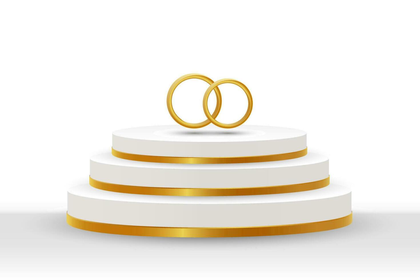 blanco y dorado podio con oro Boda anillos en un blanco antecedentes. 3d ilustración, Boda diseño, vector