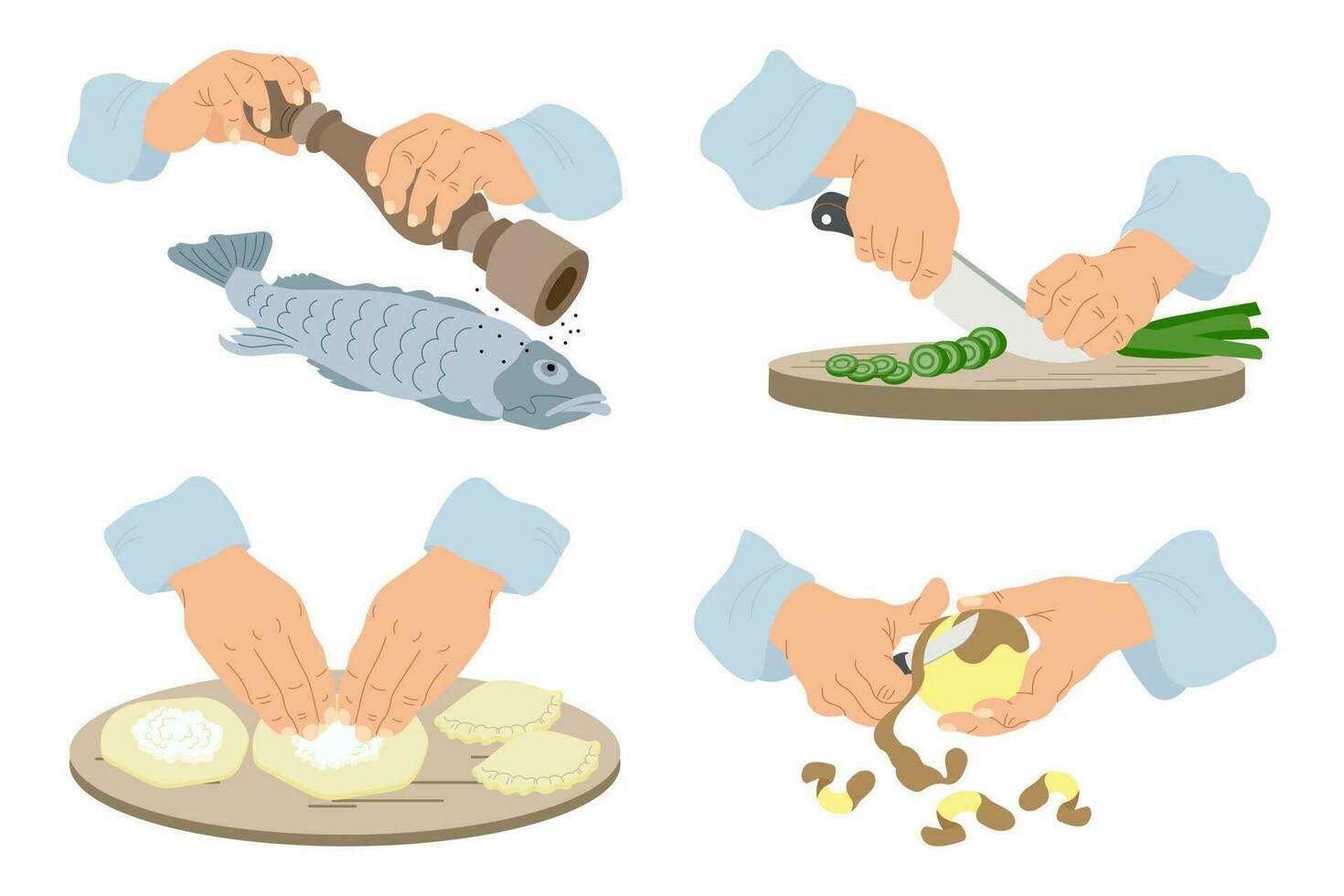 Work in the kitchen, clipart set. Hands peel potatoes, cut onions, cook fish, make pies. Food illustration, vector. vector