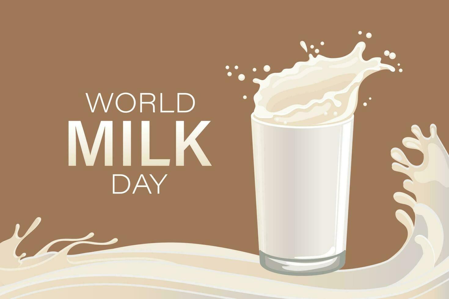 World Milk Day, banner. Glass with milk splash and text. Poster, illustration, vector