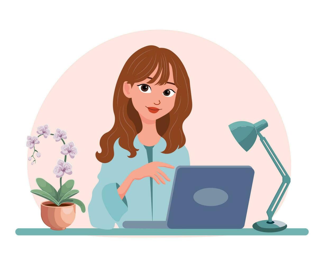 Home office concept. Woman freelancer, manager works at the computer. Illustration, vector