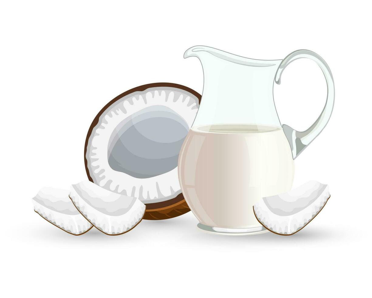 Half of a coconut, pieces of coconut and a glass jug of milk on a white background. Healthy drink illustration, vector