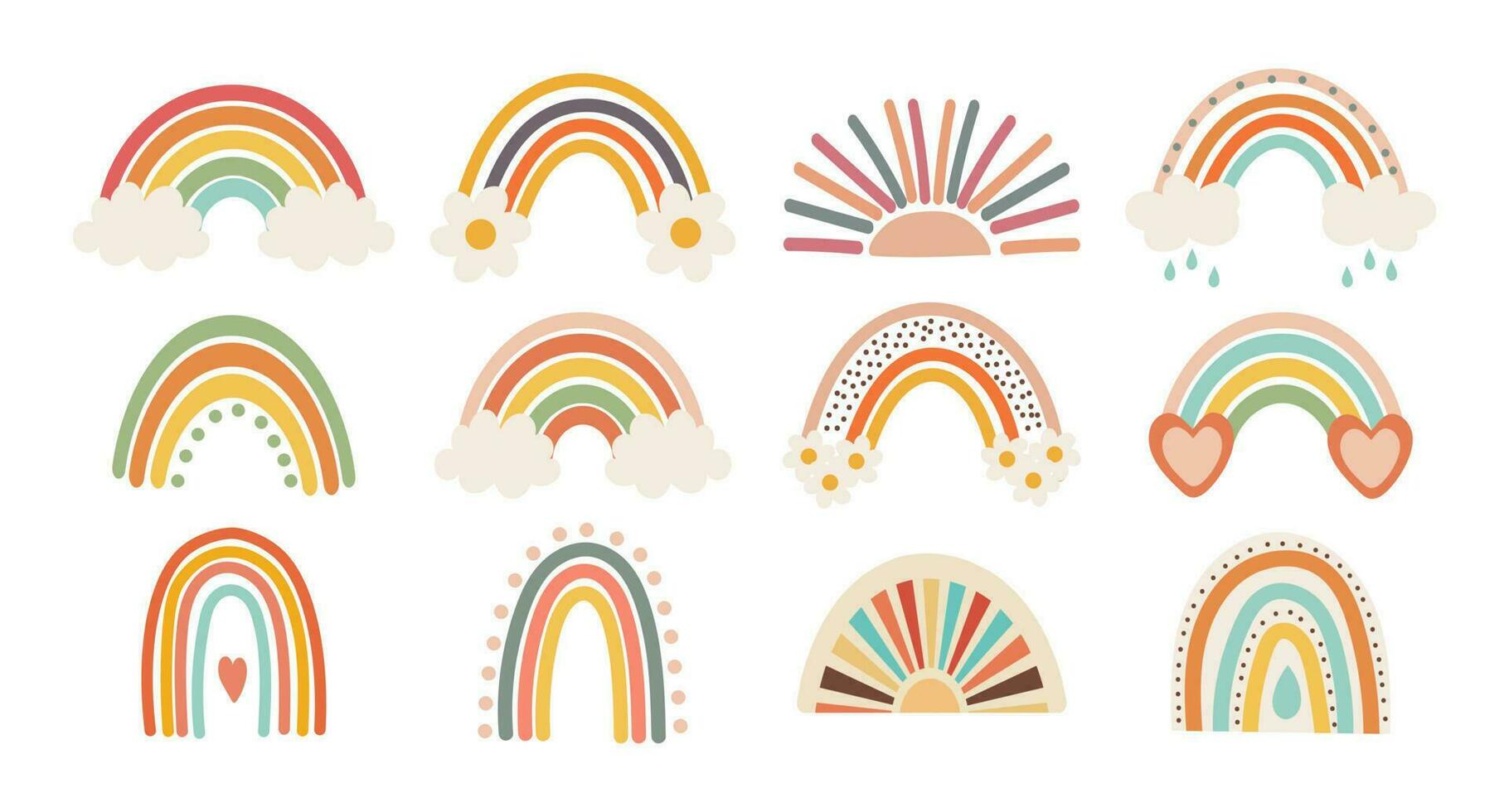 Set of doodles, rainbows, sun with clouds and flowers in retro boho style. Baby stickers, scrapbook icons, vector