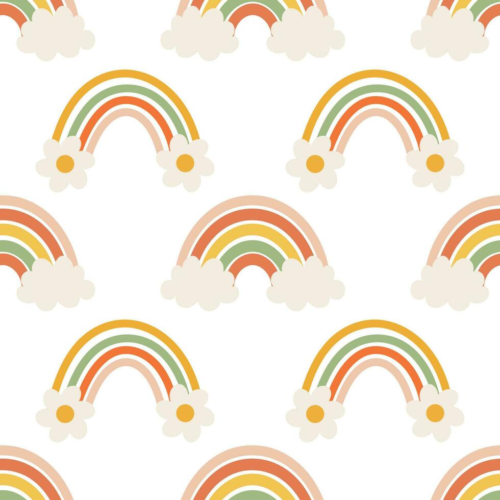 Seamless pattern, rainbows, clouds and flowers in retro boho style. Baby background, textile, vector