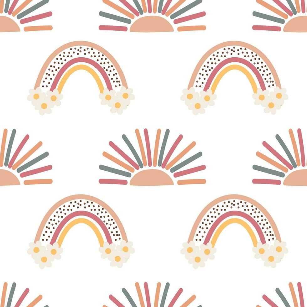 Seamless pattern, rainbows, clouds and flowers in retro boho style. Baby background, textile, vector