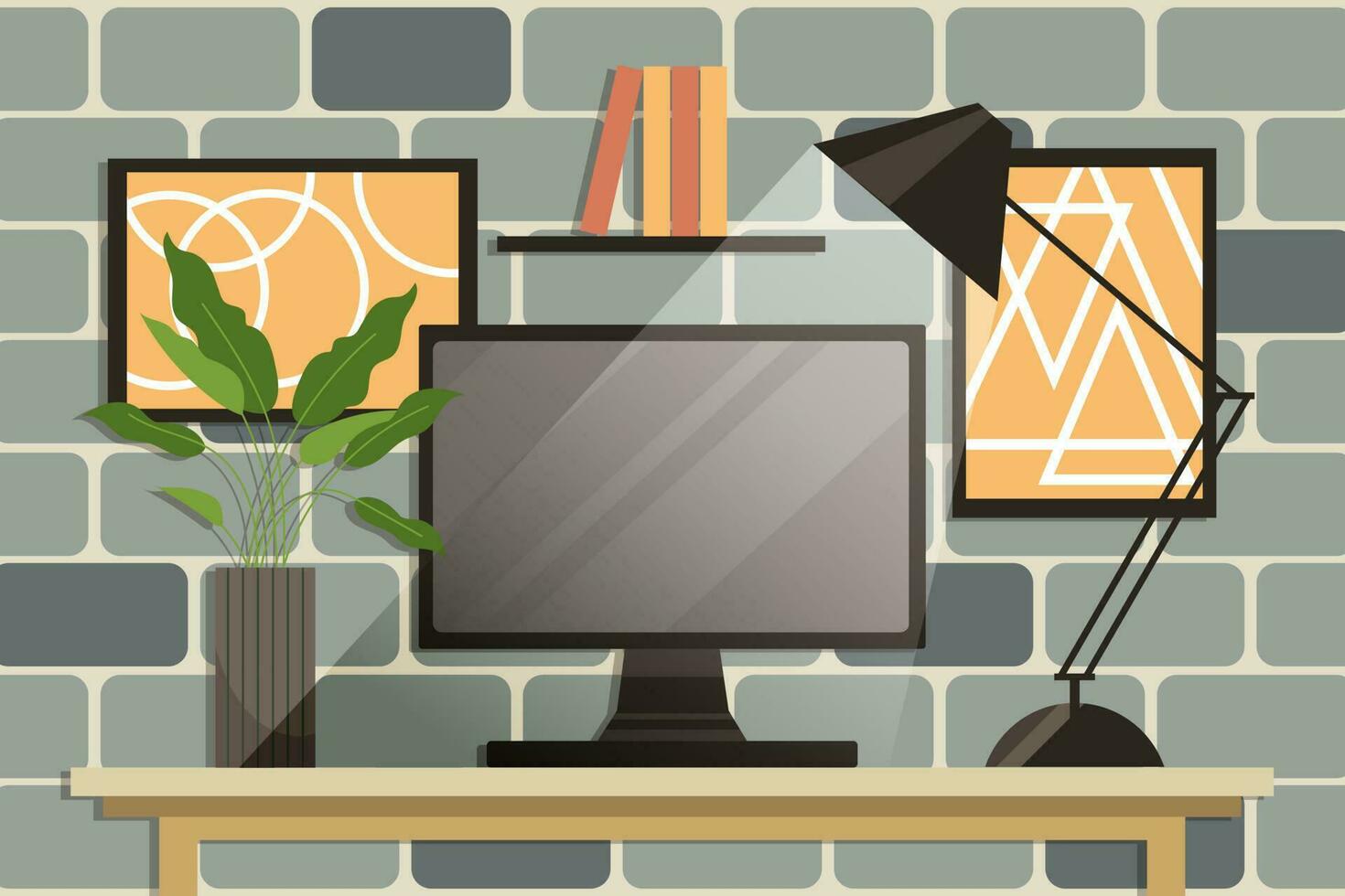 hogar oficina concepto, espacio de trabajo computadora monitor, mesa lámpara, casa plantas, libros en el estante y pared carteles fondo, vector