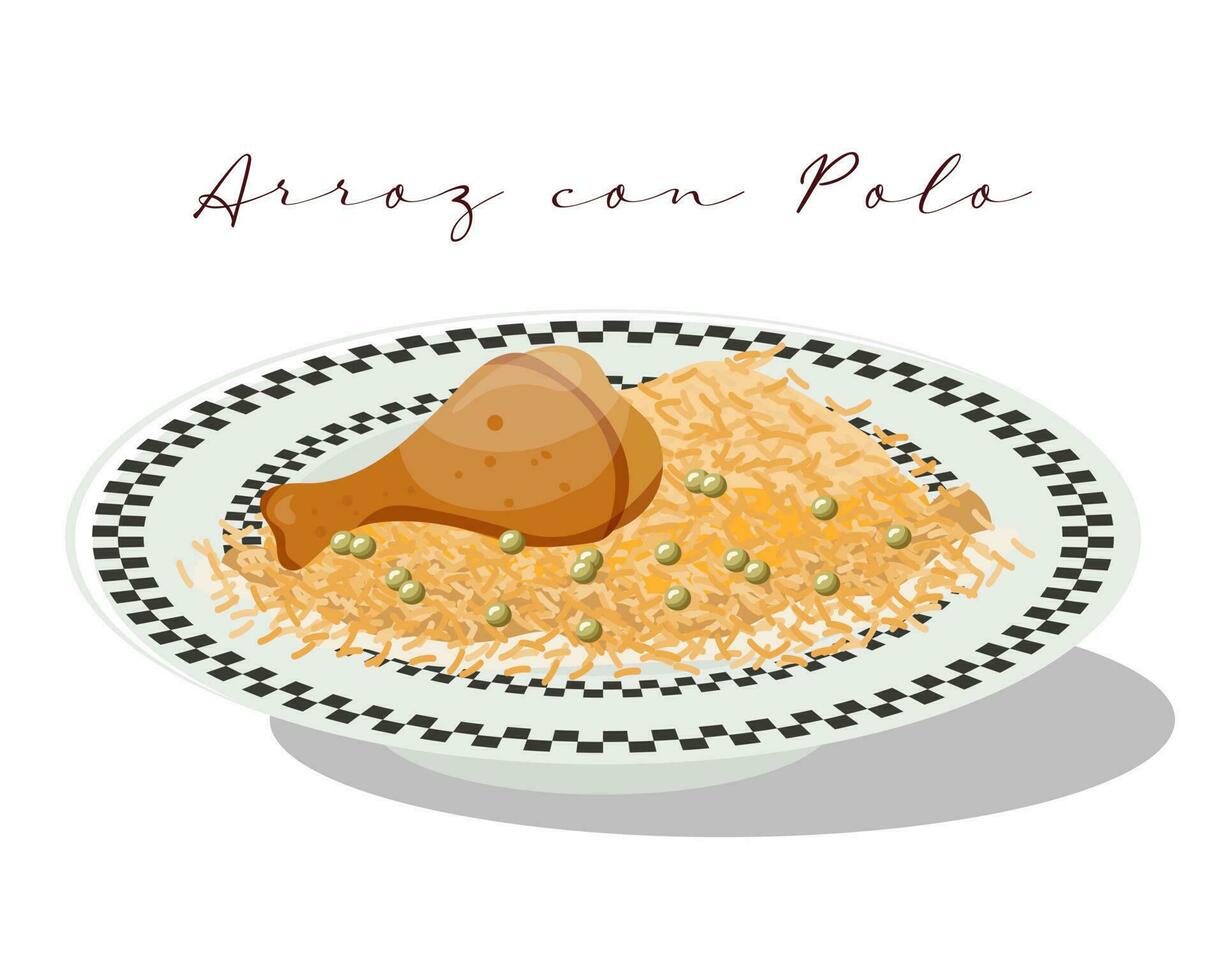 Rice with chicken, Arroz con polo, Latin American cuisine. National cuisine of Argentina and Peru. Food illustration, vector