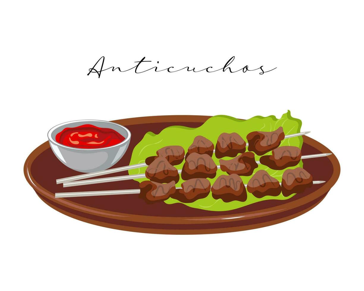 Beef skewers and tomato sauce, Anticuchos, Latin American cuisine. National cuisine of Peru. Food illustration, vector