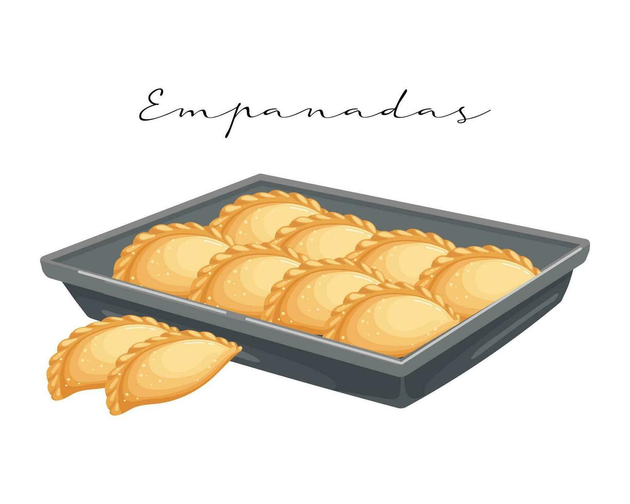 empanadas de carne frita, panqueques con carne en una sartén, cocina latinoamericana. cocina nacional de argentina. ilustración de alimentos, vector