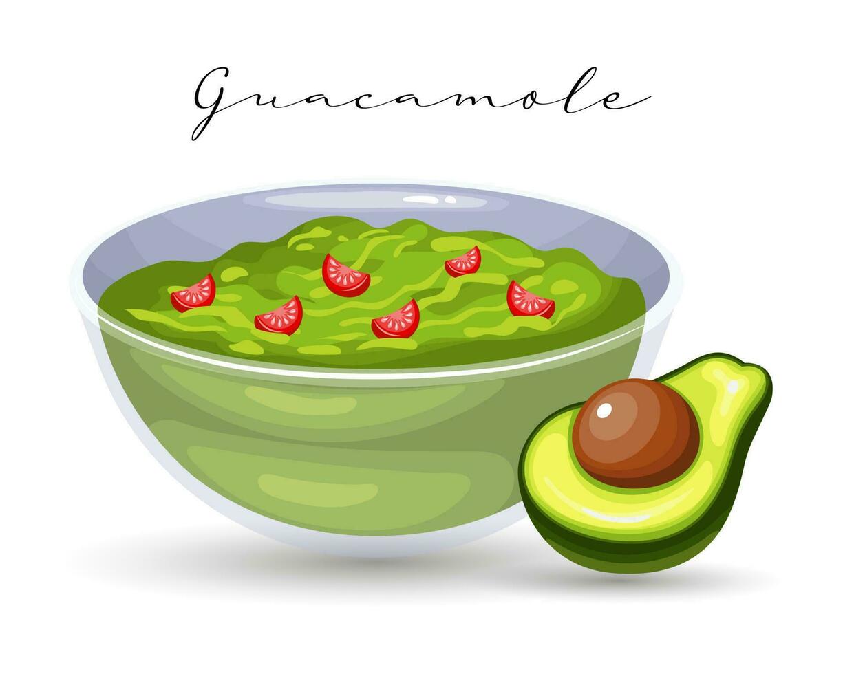 Salsa de guacamole de aguacate con tomate y cebolla, cocina latinoamericana. cocina nacional de mexico. ilustración de alimentos, vector