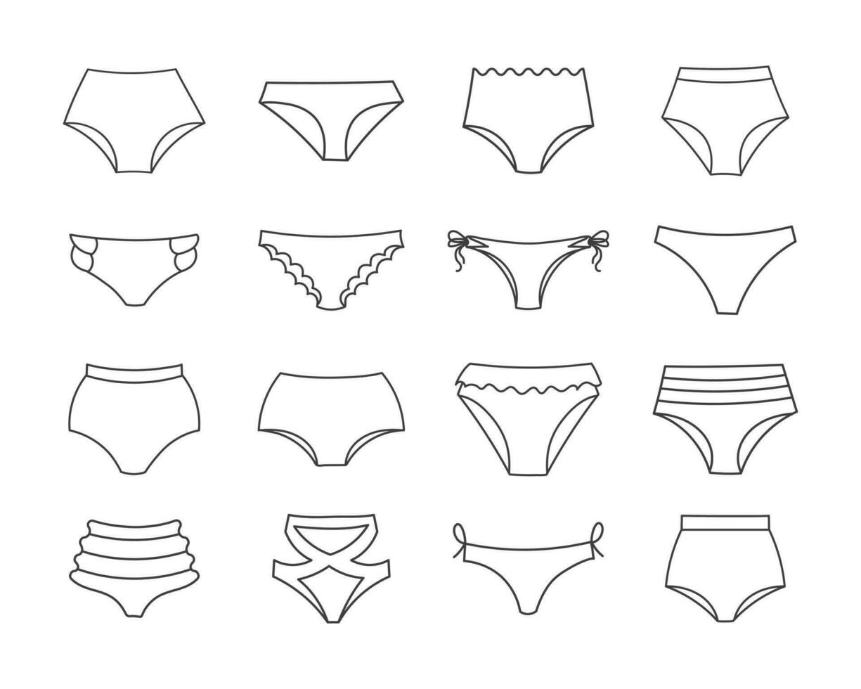 conjunto de diferente tipos de De las mujeres bragas, nadando bañador. línea dibujo, bosquejo, iconos, vector