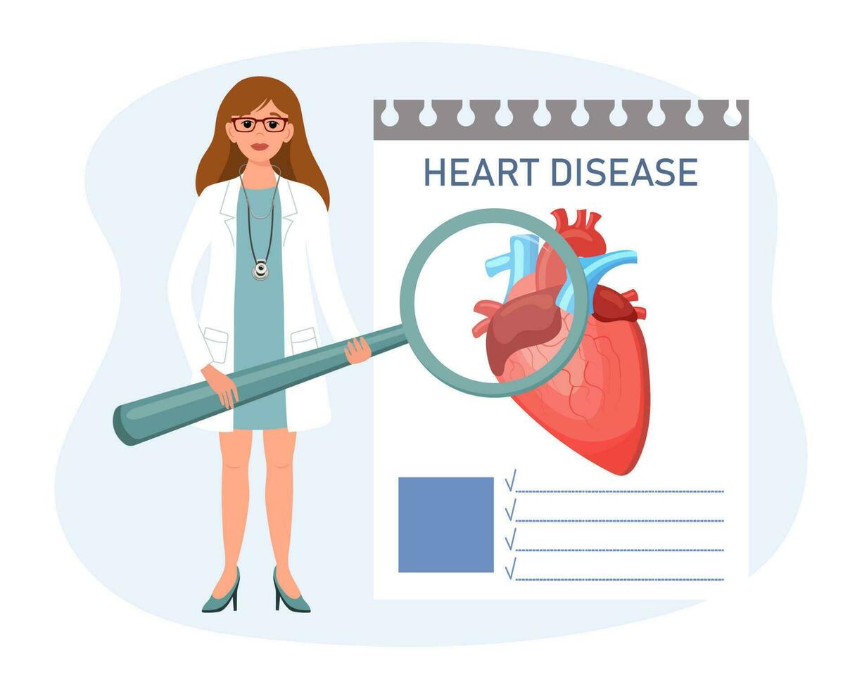 Female doctor with a magnifying glass examines heart disease, cardiology. The concept of science and medicine. Vector