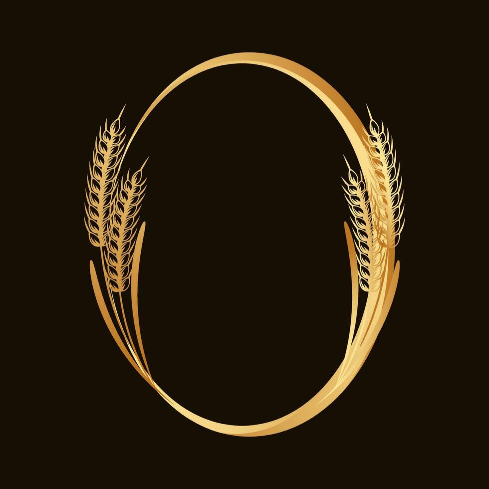 Spikelets of wheat, rye, barley, round frame. Gold badge, elegant design, vector