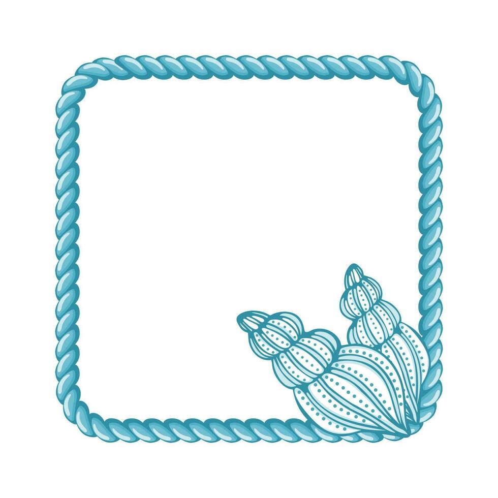 Blue sailor rope with hand drawn seashells isolated on white background. Marine background, frame vector