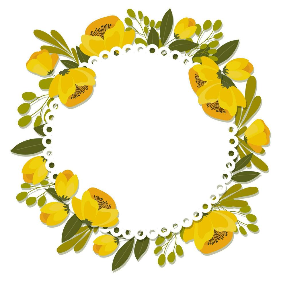 Floral frame of yellow poppies, floral wreath for text. Illustration, invitation, vector
