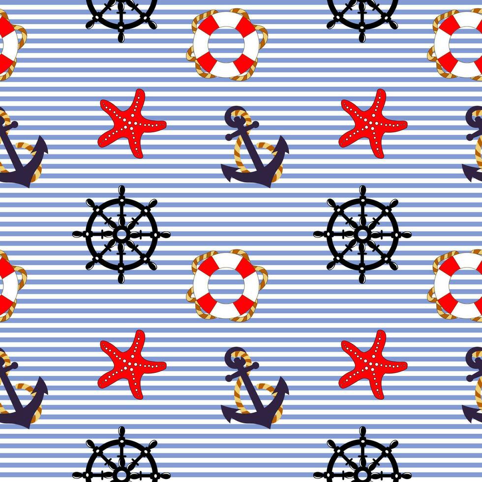 Nautical seamless pattern, anchors, seagulls, lifebuoy, steering wheels, ships on a striped background. Background, print, vector