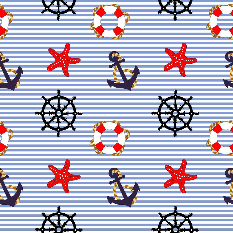 Nautical seamless pattern, anchors, seagulls, lifebuoy, steering wheels, ships on a striped background. Background, print, vector