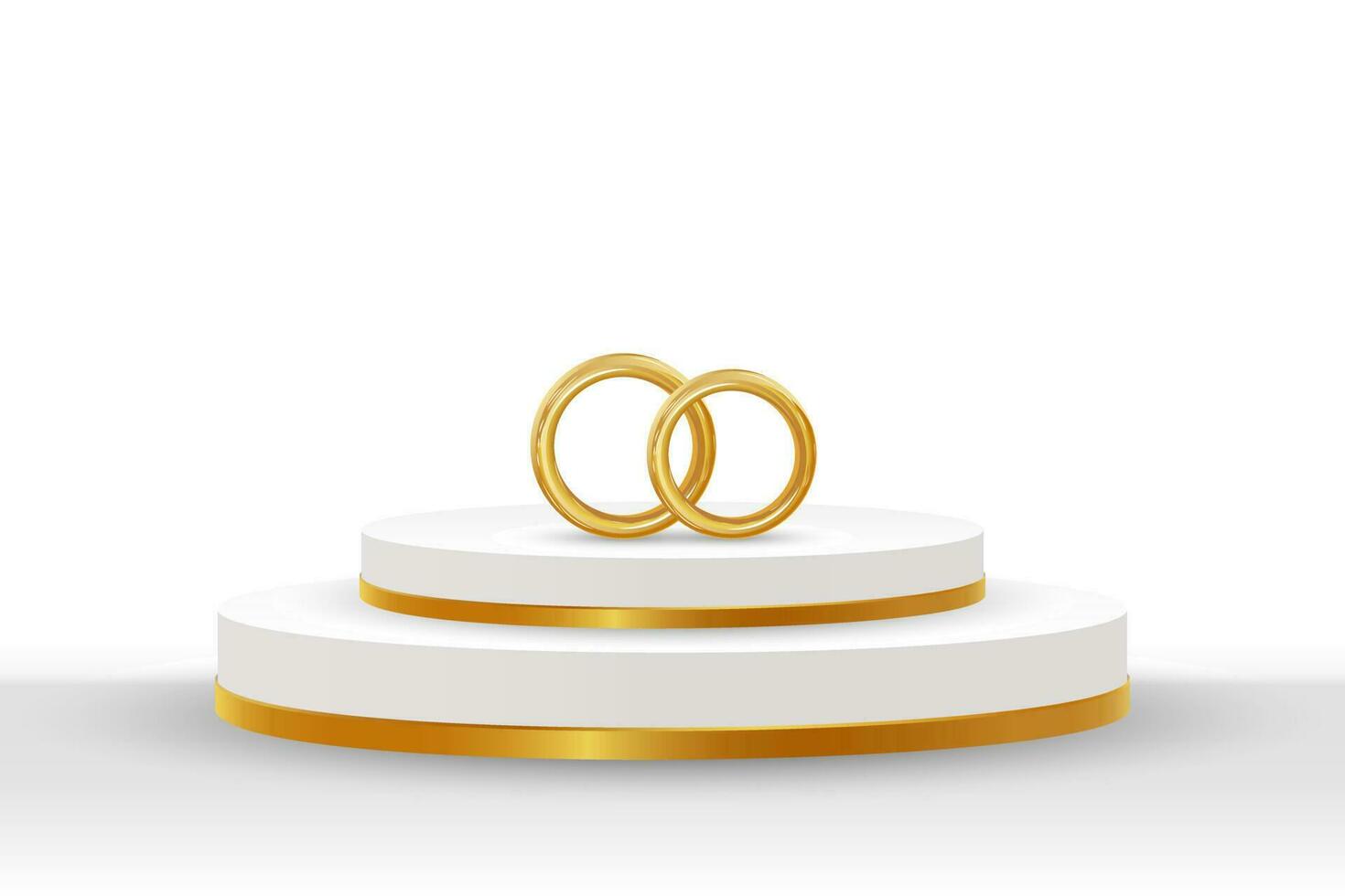 blanco y dorado podio con oro Boda anillos en un blanco antecedentes. 3d ilustración, Boda diseño, vector