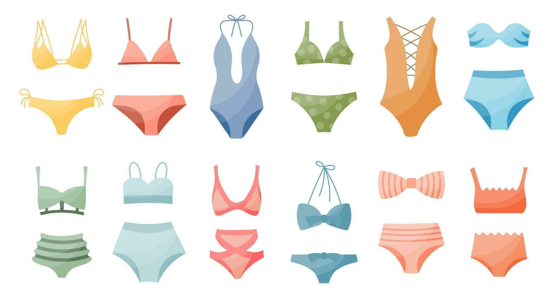 conjunto de dibujado De las mujeres bikini trajes de baño en un blanco antecedentes. De las mujeres ropa iconos, imprimir, vector