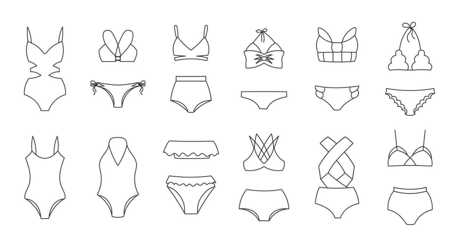 conjunto de dibujado a mano De las mujeres bikini trajes de baño en un blanco antecedentes. De las mujeres ropa iconos, bosquejo, vector