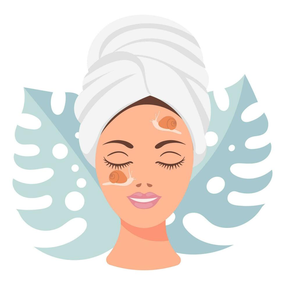 Facial skin care. Woman's face with snails. Spa treatments for skin rejuvenation. Illustration, vector