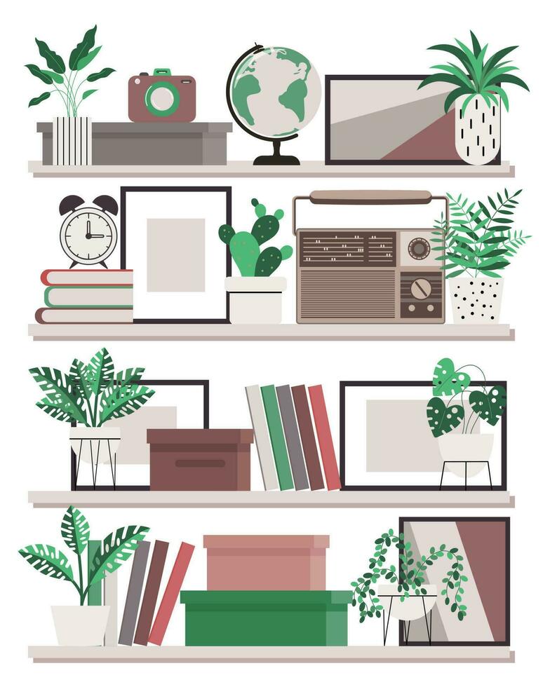 Interior Design. Shelves with books, radio, alarm clock, paintings and potted plants. The concept of home comfort. Illustration, vector