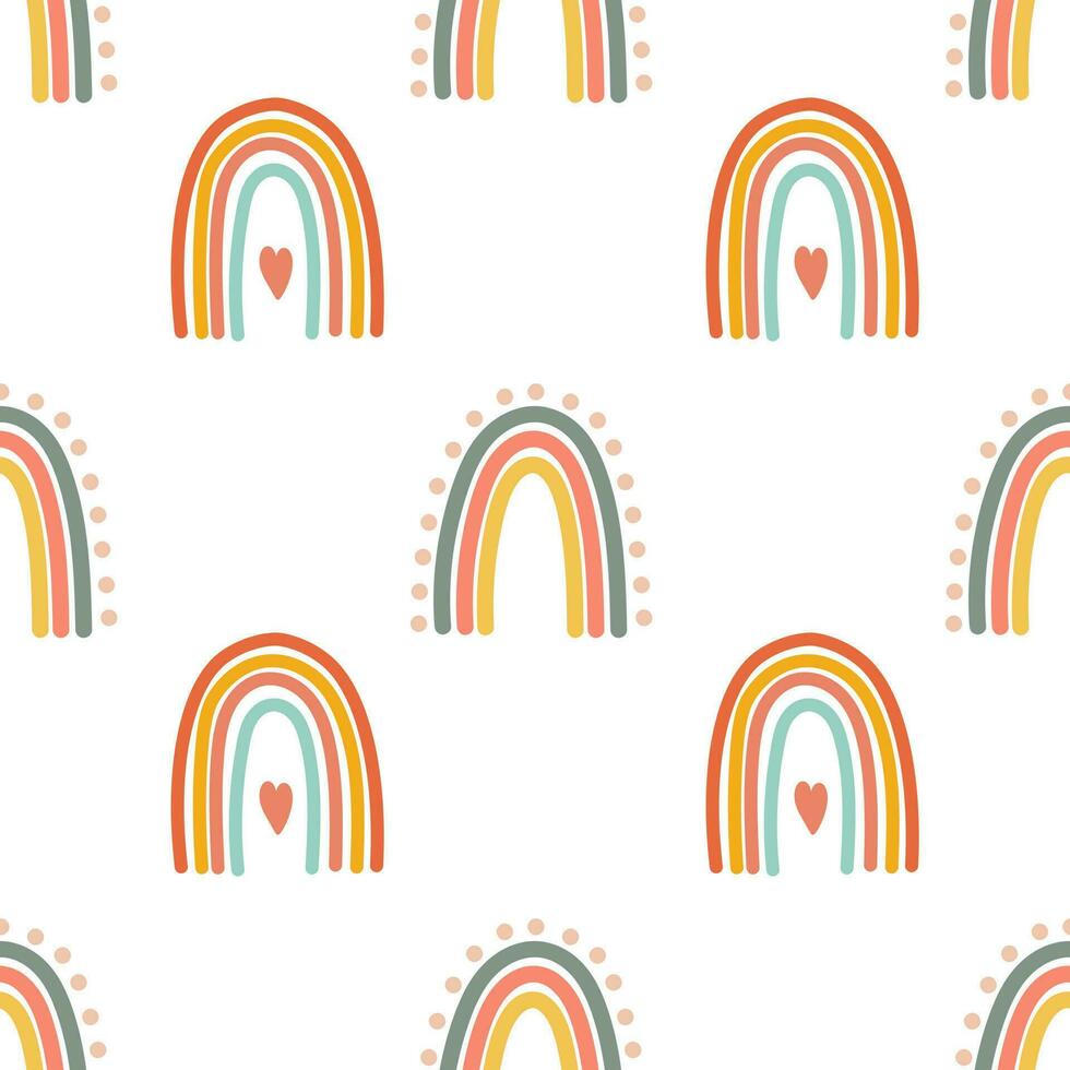 Seamless pattern, rainbows, clouds and flowers in retro boho style. Baby background, textile, vector