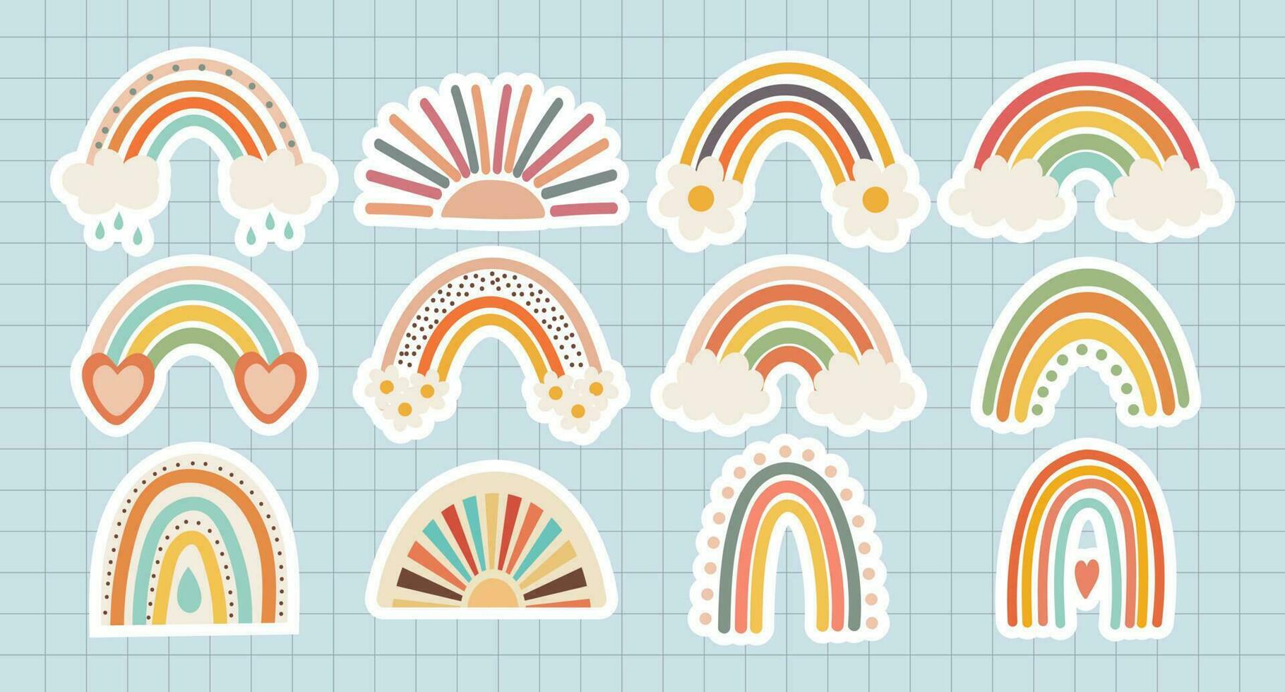 conjunto de garabatos, arcoiris, Dom con nubes y flores en retro boho estilo. bebé pegatinas, álbum de recortes iconos, vector