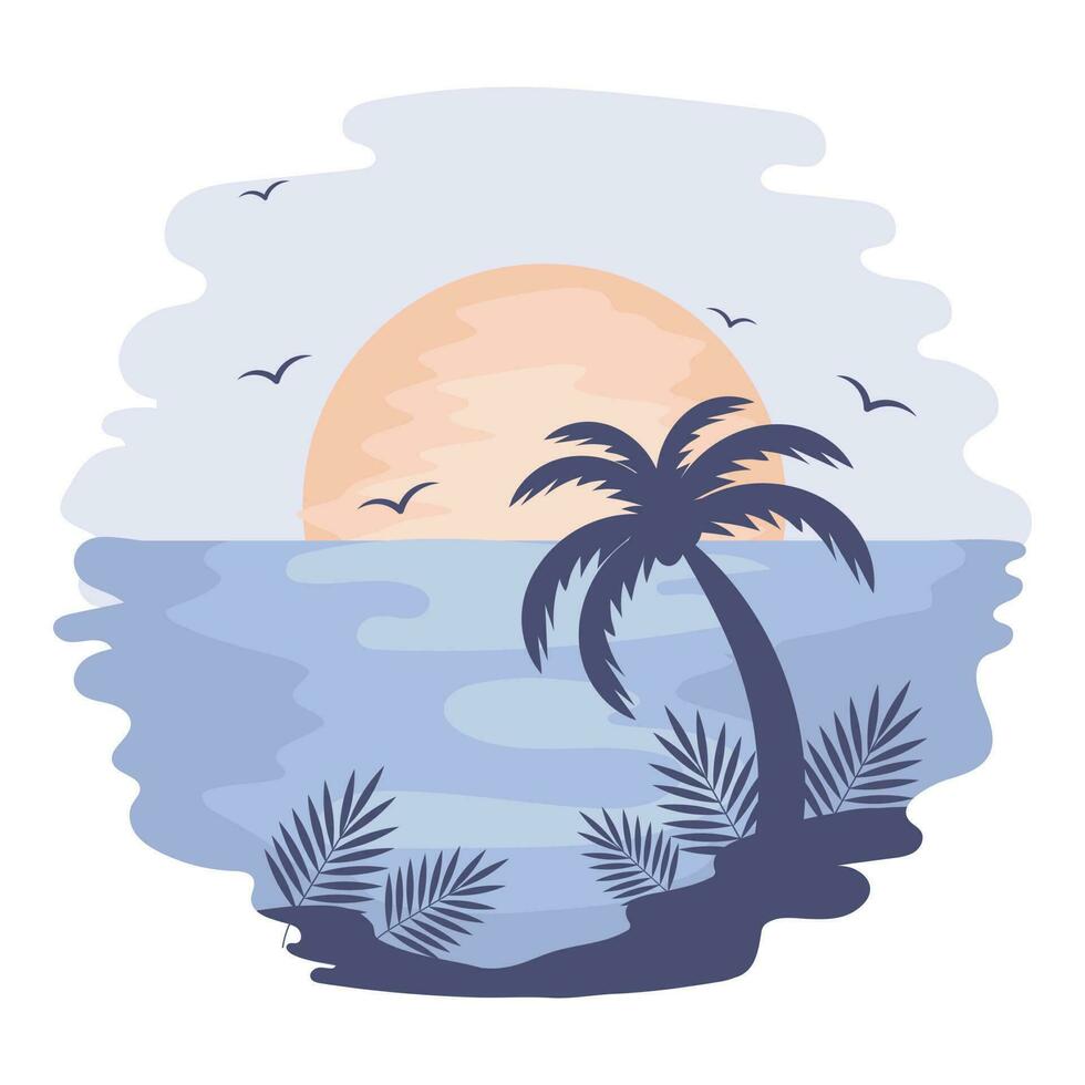 Sunset on the tropical sea with palm trees and seagulls on a watercolor background. Illustration, icon, vector