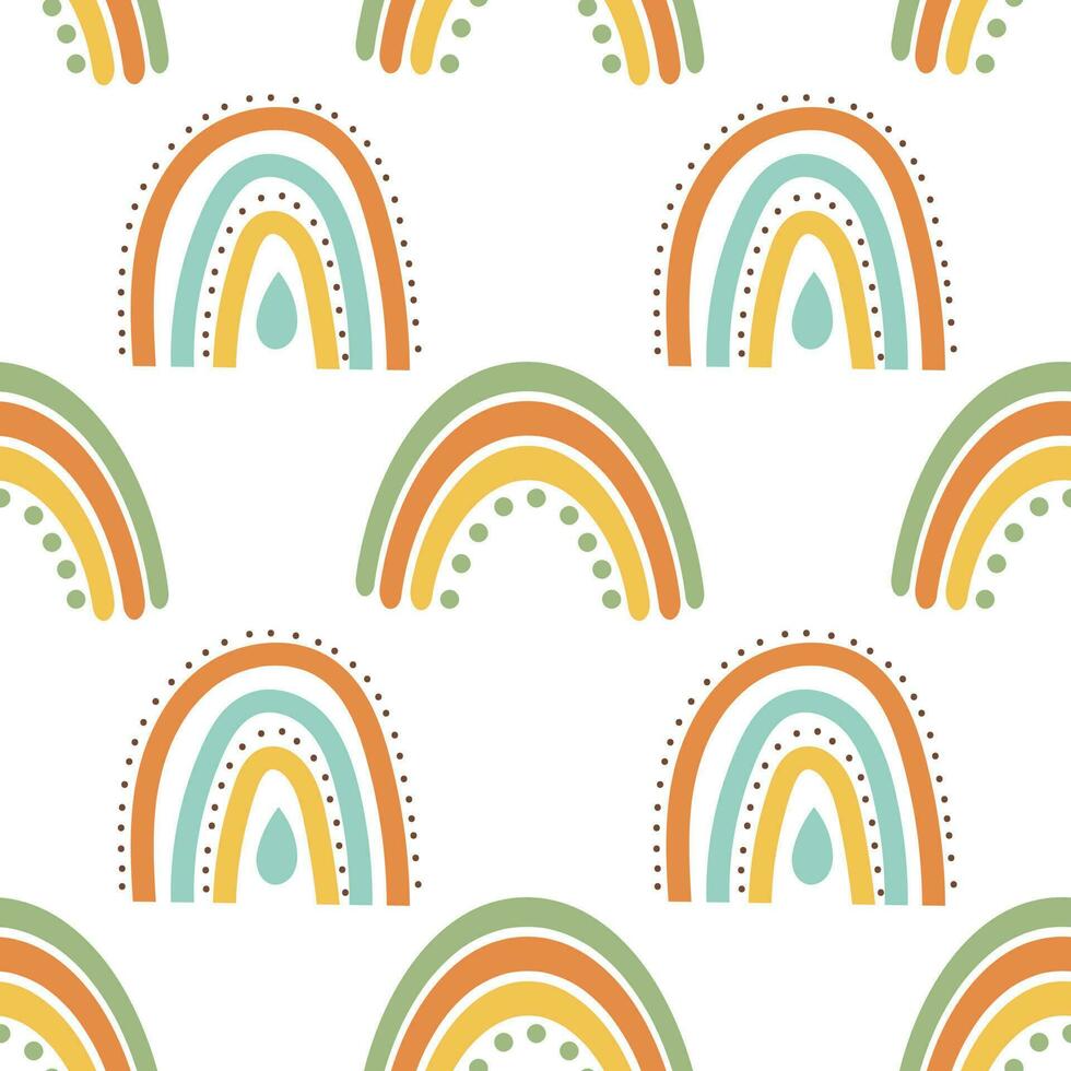 Seamless pattern, rainbows, clouds and flowers in retro boho style. Baby background, textile, vector