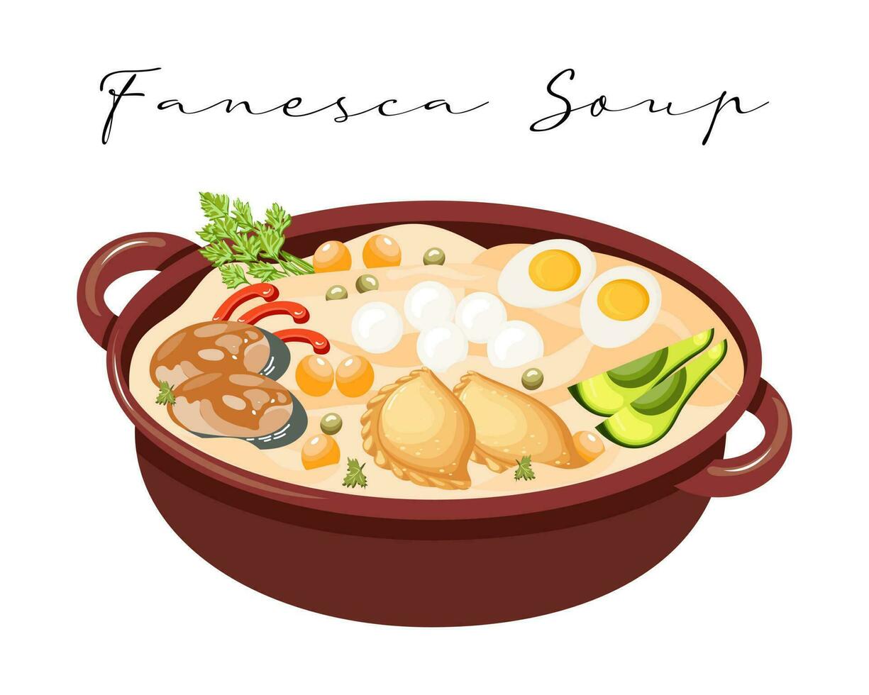 Soup Fanesca, Latin American cuisine. National cuisine of Ecuador. Food illustration, vector