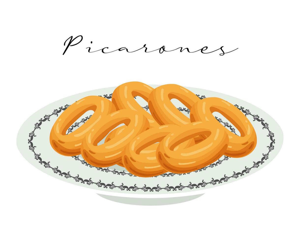 Picarones pumpkin donuts, dessert, latin american cuisine. National cuisine of Peru. Food illustration, vector