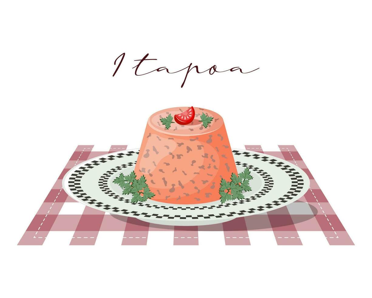 Itapoa crab pudding, seafood pudding, latin american cuisine, brazilian national cuisine. Food illustration, vector
