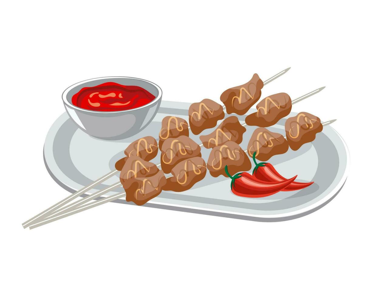 brochetas de carne y salsa de tomate, anticuchos, cocina latinoamericana. cocina nacional del peru. ilustración de alimentos, vector