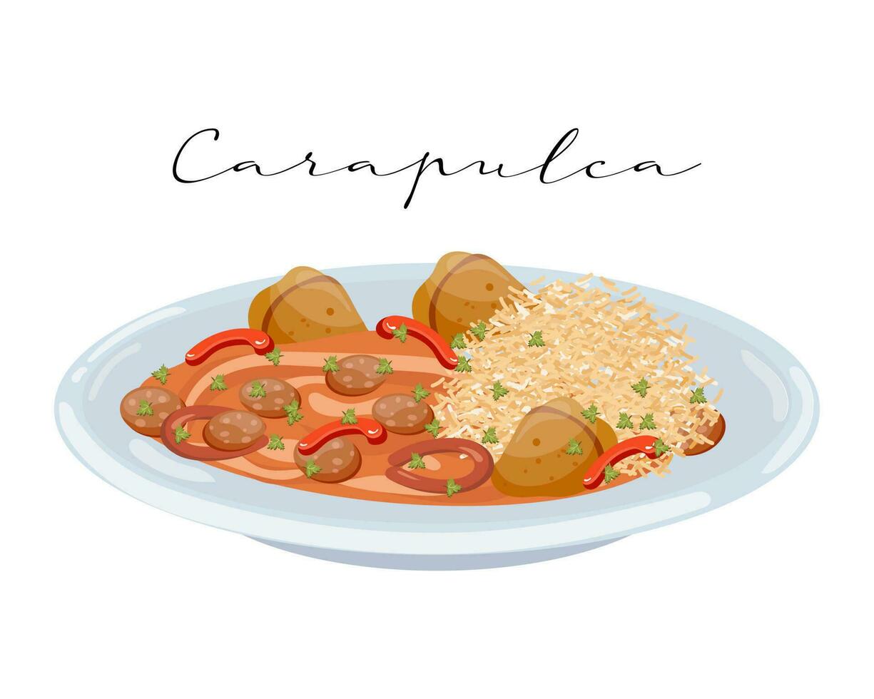 Rice with meat, sausage pieces and vegetables, Carapulca, Latin American cuisine. National cuisine of Peru. Food illustration, vector