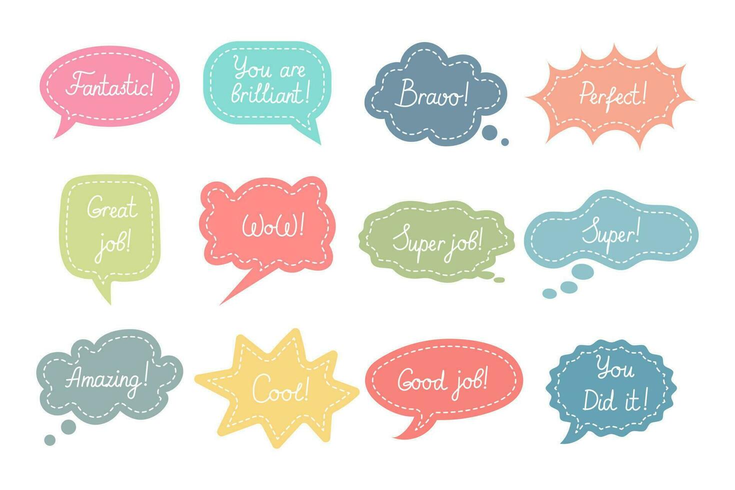 Set of various stickers, speech clouds Job and Great job. School award, encouragement stamp. Student icons in cartoon style, stickers, vector
