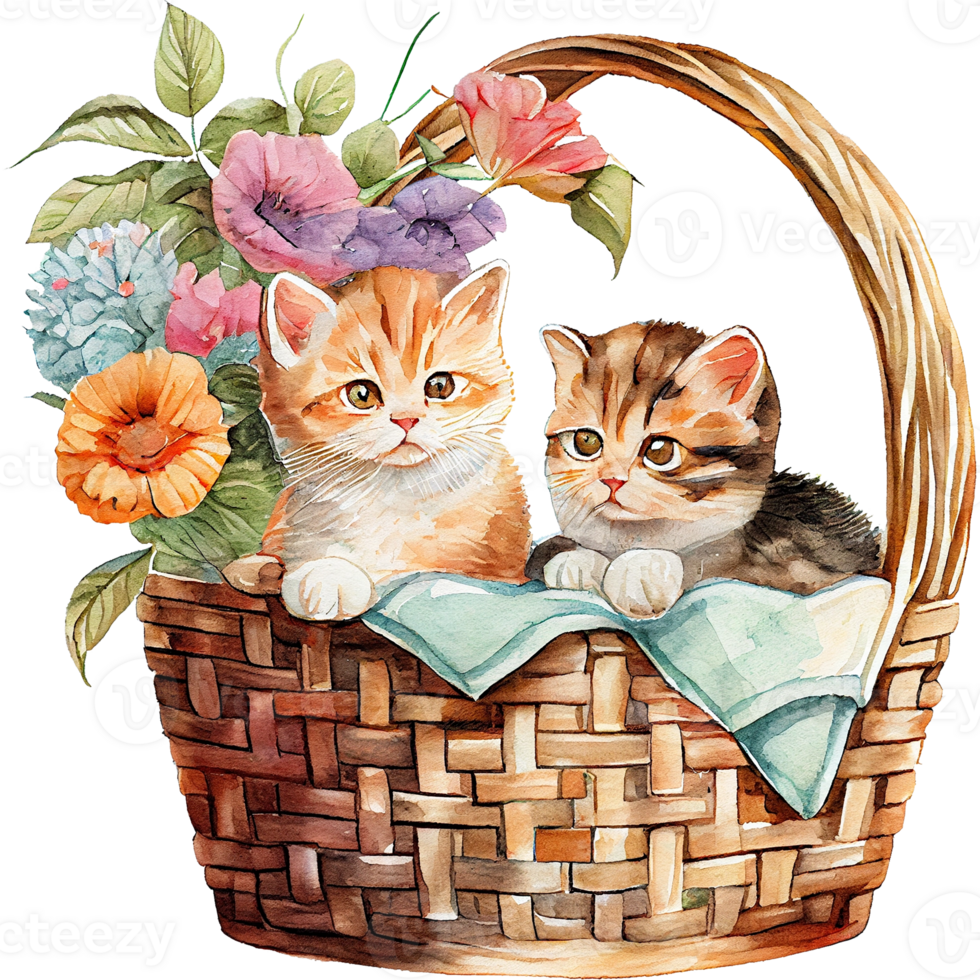 Kittens Basket Watercolor Clipart png