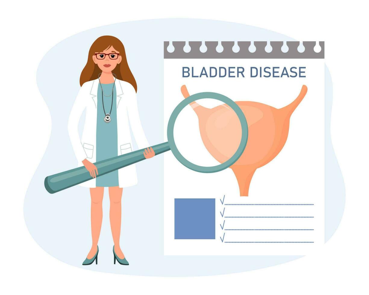 Female doctor with magnifying glass examining bladder disease, medical diagnosis. The concept of science and medicine. Vector