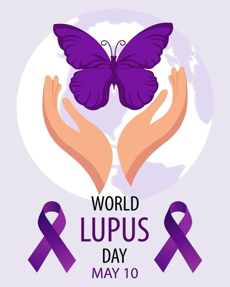 mundo lupus día, 10 mayo. bandera con un púrpura cinta y un mariposa en el manos. médico póster, vector
