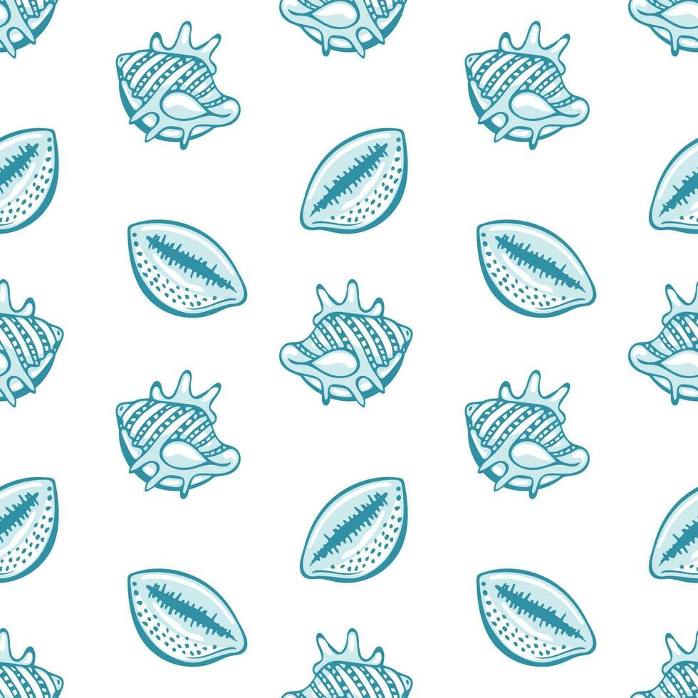 Seamless pattern with blue seashells on a white background. Marine background, print, textile, vector