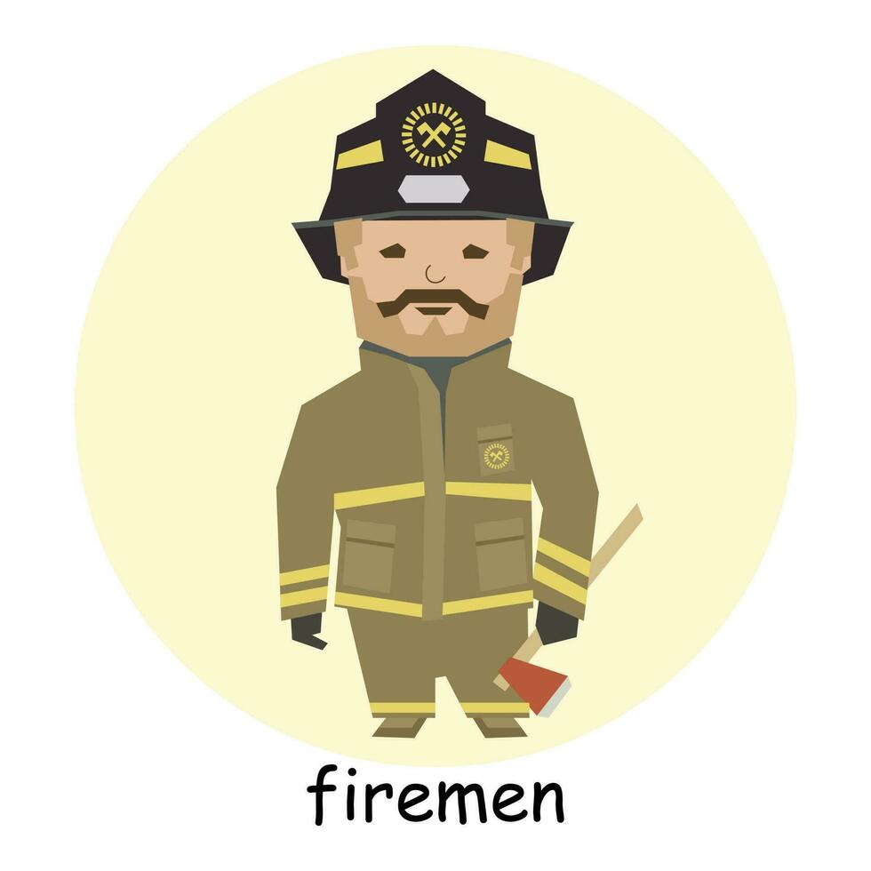 Male firefighter, character, avatar, portrait. Profession illustration in flat cartoon style, vector