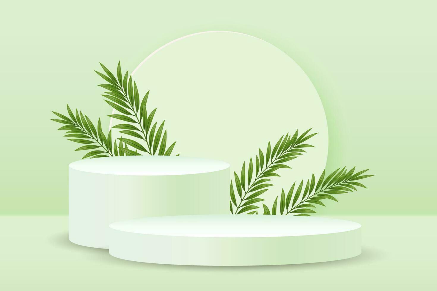 White podium with palm leaves for the presentation of products on a delicate green background. 3D illustration, vector