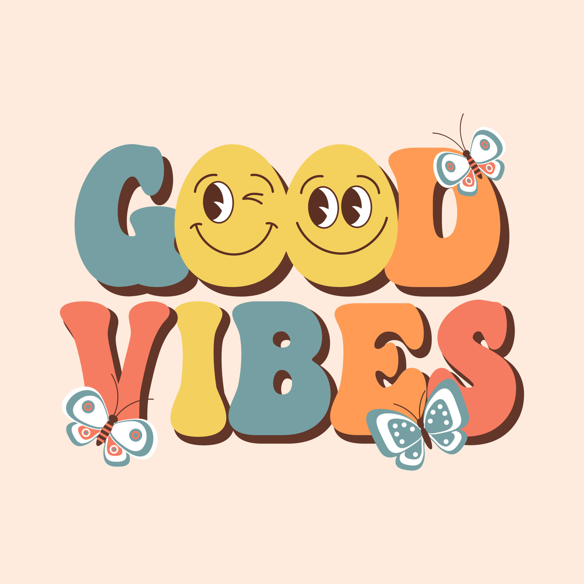 Lettering Good vibes with butterflies. Hippie calligraphy inscription,  phrase. Retro 70s atmosphere, groove element. Print, postcard, vector  23476102 Vector Art at Vecteezy