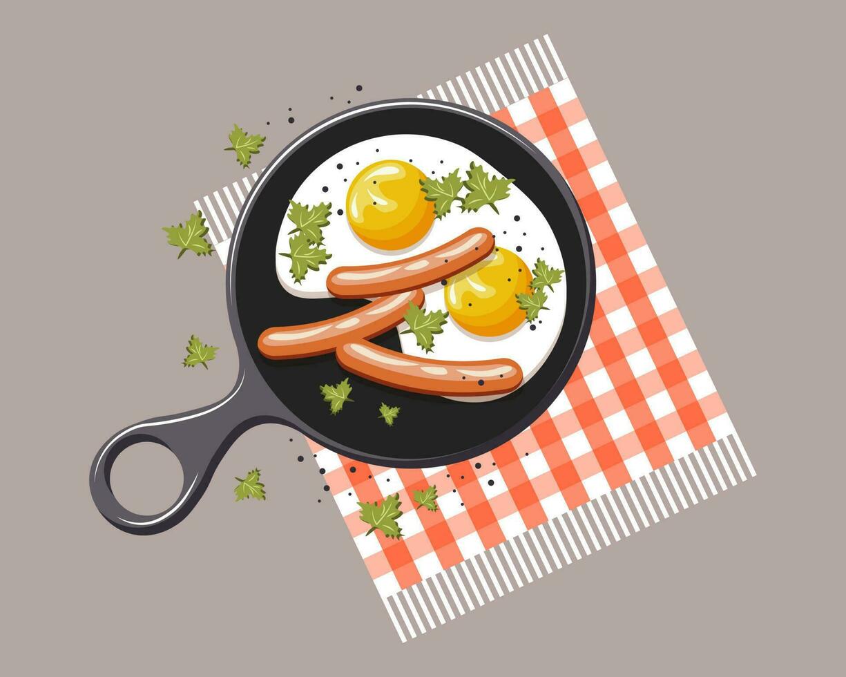 Healthy breakfast, fried eggs with sausages, tomatoes and herbs in a frying pan. Food illustration, vector. vector