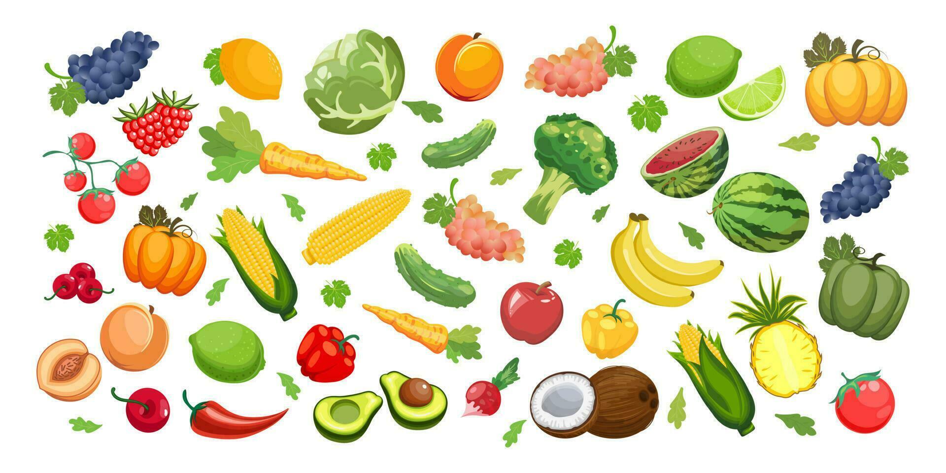 grande conjunto de frutas y vegetales. alimento, agricultura ilustración, vector