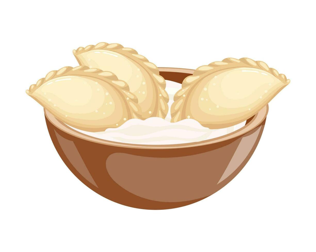 Vareniki with sour cream in a bowl. Ukrainian and Russian national cuisine. Food illustration, vector. vector