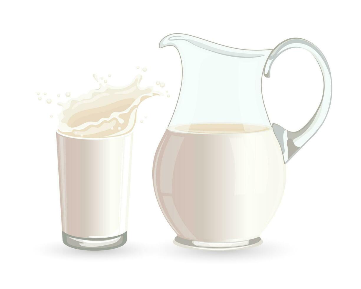 A jug of milk and a glass of milk on a white background. Healthy drink illustration, vector