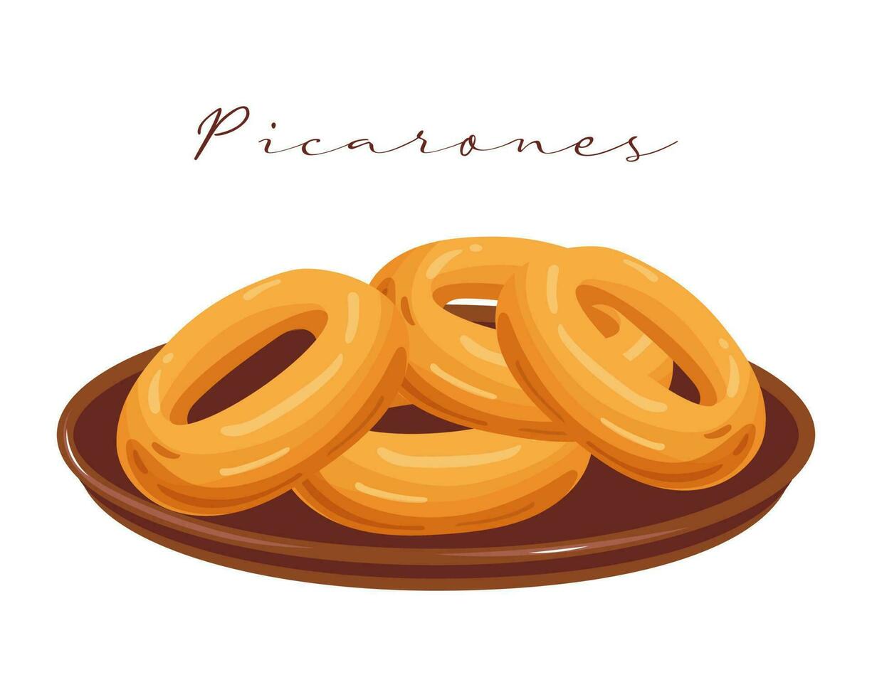 Picarones pumpkin donuts, dessert, latin american cuisine. National cuisine of Peru. Food illustration, vector